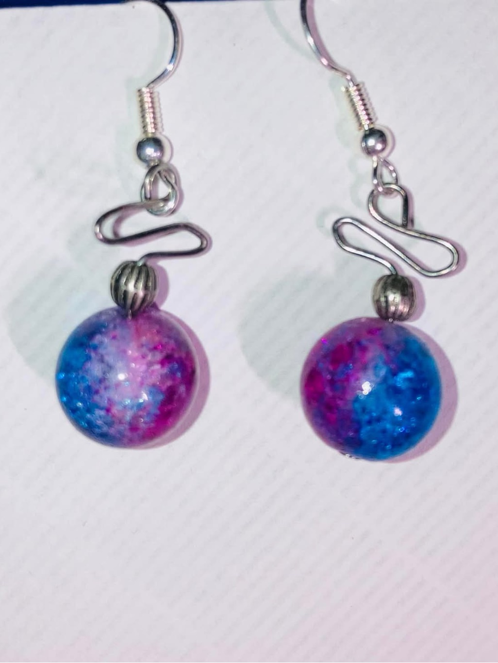 Handmade Blue & Pink Crackle Bead Drop Earrings - Women Jewelry